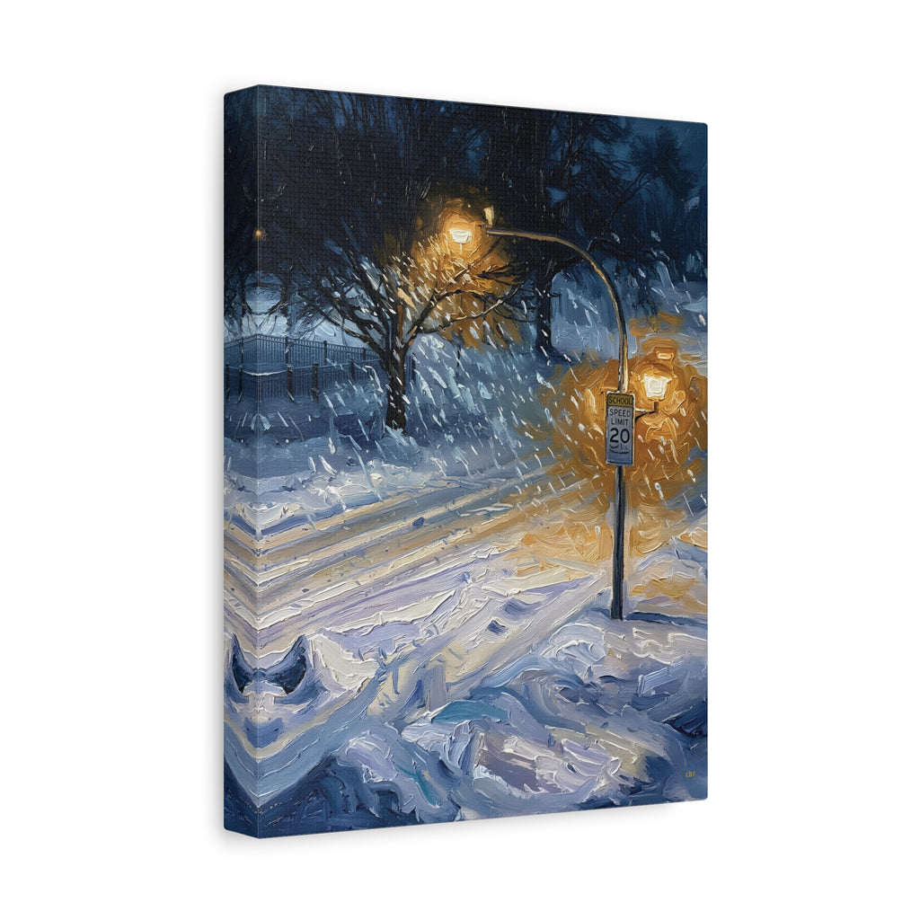 Winter Glow – Snowy Streetlight Stretched Canvas Wall Art