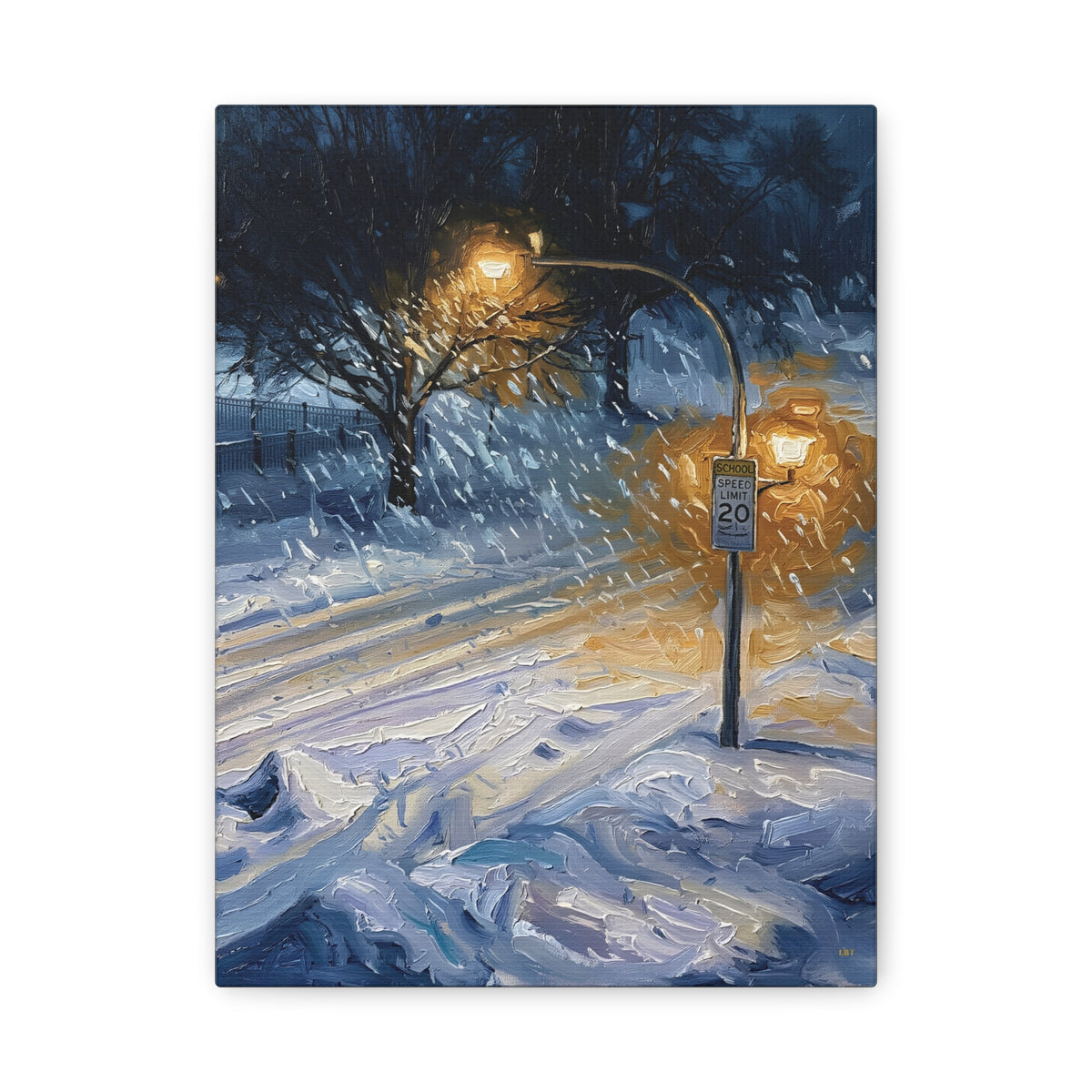 Winter Glow – Snowy Streetlight Stretched Canvas Wall Art