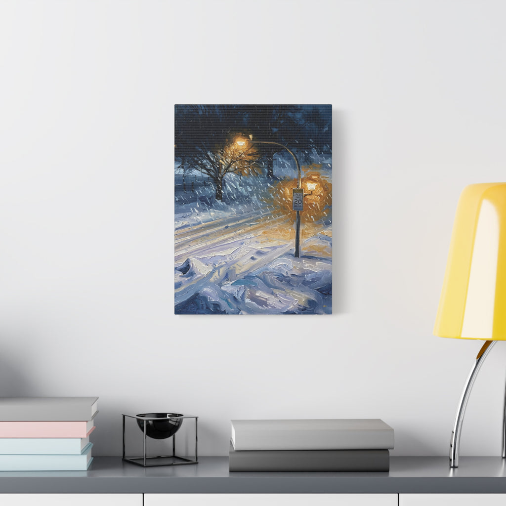 Winter Glow – Snowy Streetlight Stretched Canvas Wall Art