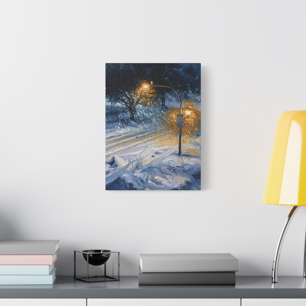 Winter Glow – Snowy Streetlight Stretched Canvas Wall Art