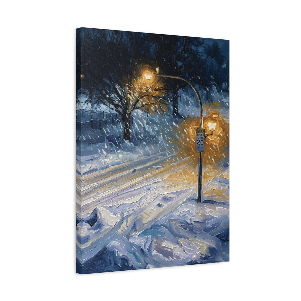 Winter Glow – Snowy Streetlight Stretched Canvas Wall Art