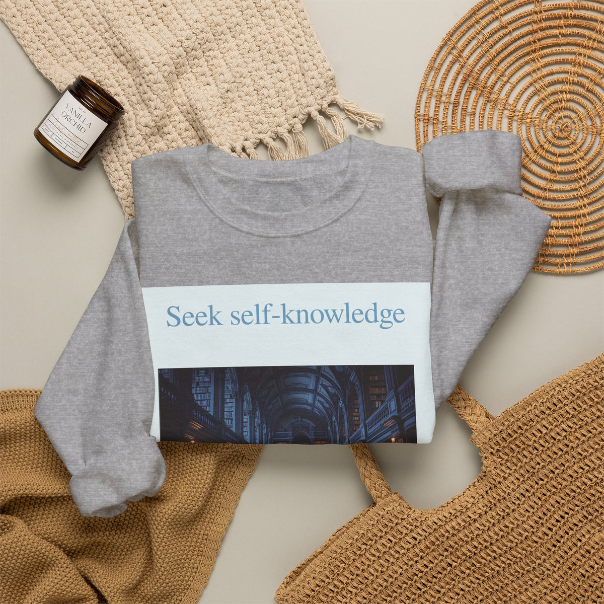 Crewneck Sweatshirt — "Seek Self-Knowledge" Library Photo Graphic