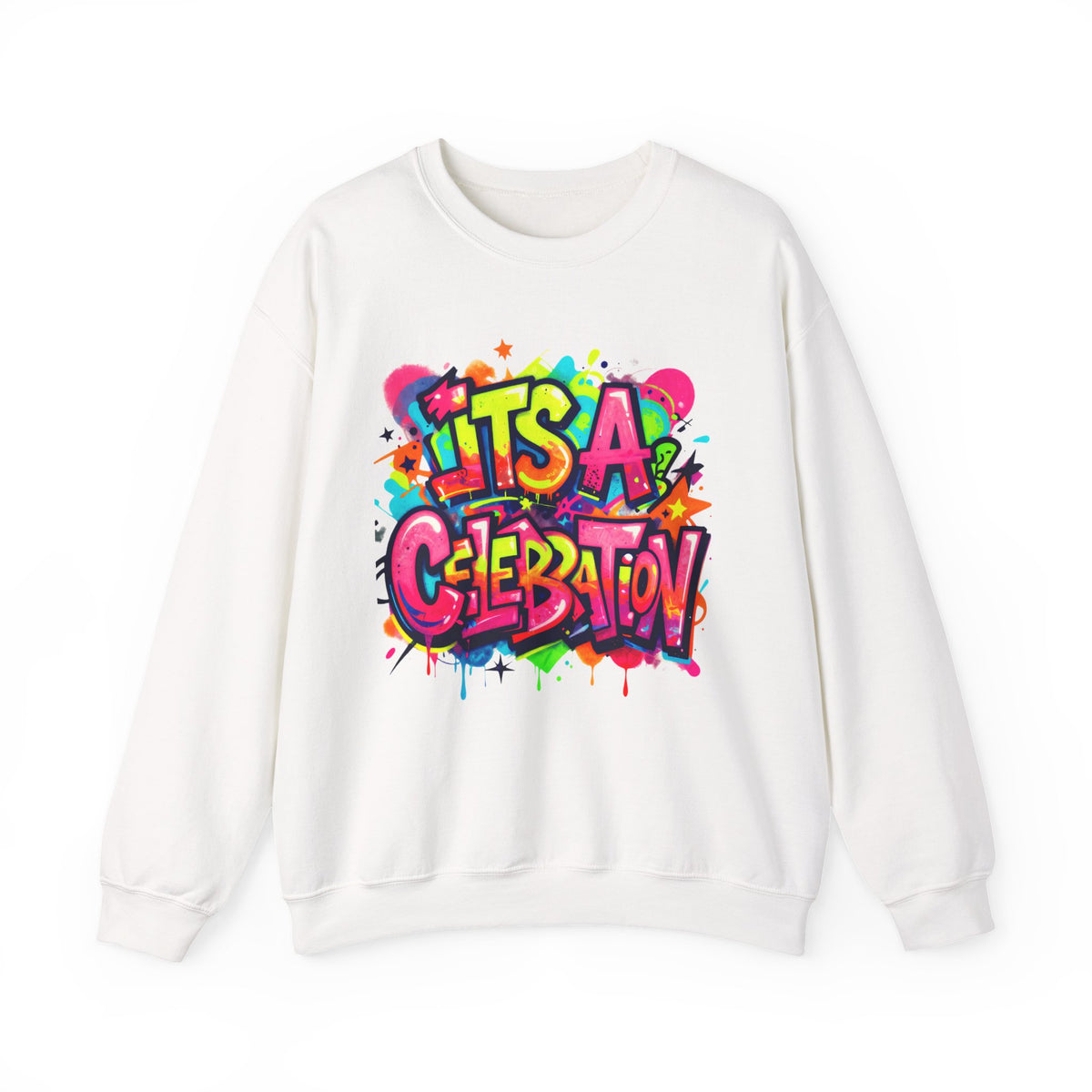 Crewneck Sweatshirt — Colorful "It's A Celebration" Graffiti Design