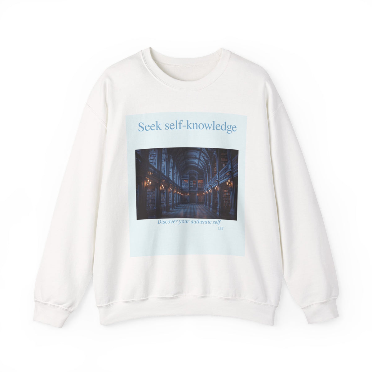 Crewneck Sweatshirt — "Seek Self-Knowledge" Library Photo Graphic