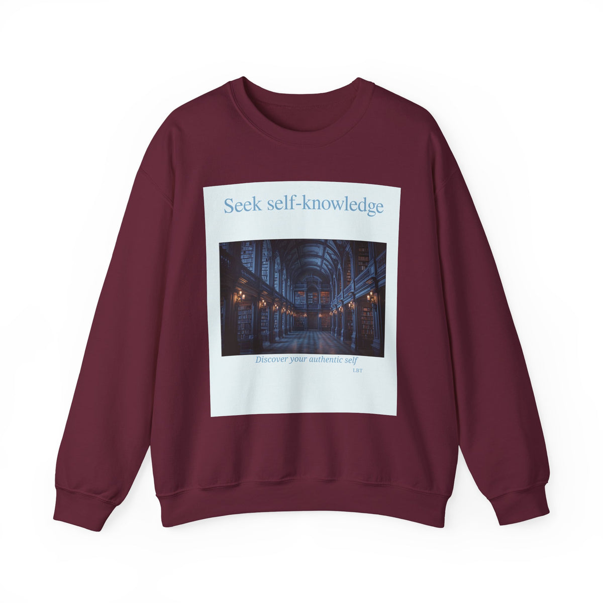 Crewneck Sweatshirt — "Seek Self-Knowledge" Library Photo Graphic