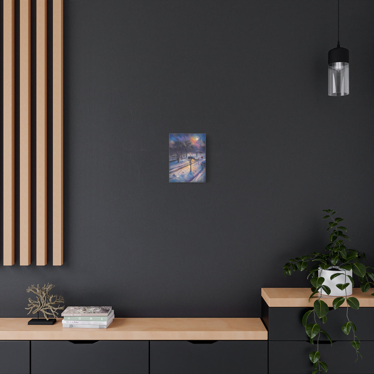 Moonlit Crossing – Snowy Street Stretched Canvas Wall Art