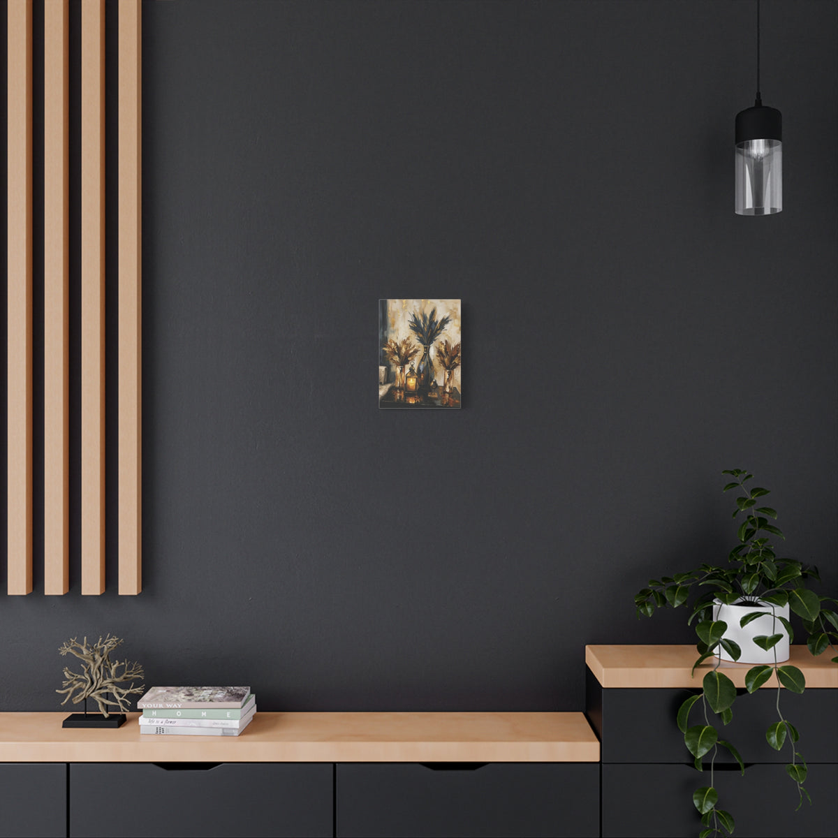 Blue and Amber Harmony – Pampas Still Life Stretched Canvas Wall Art