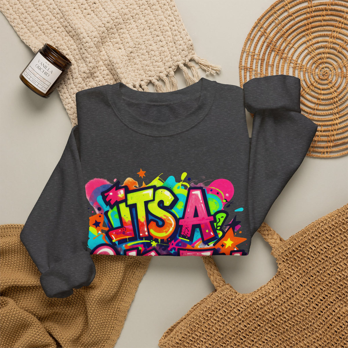 Crewneck Sweatshirt — Colorful "It's A Celebration" Graffiti Design
