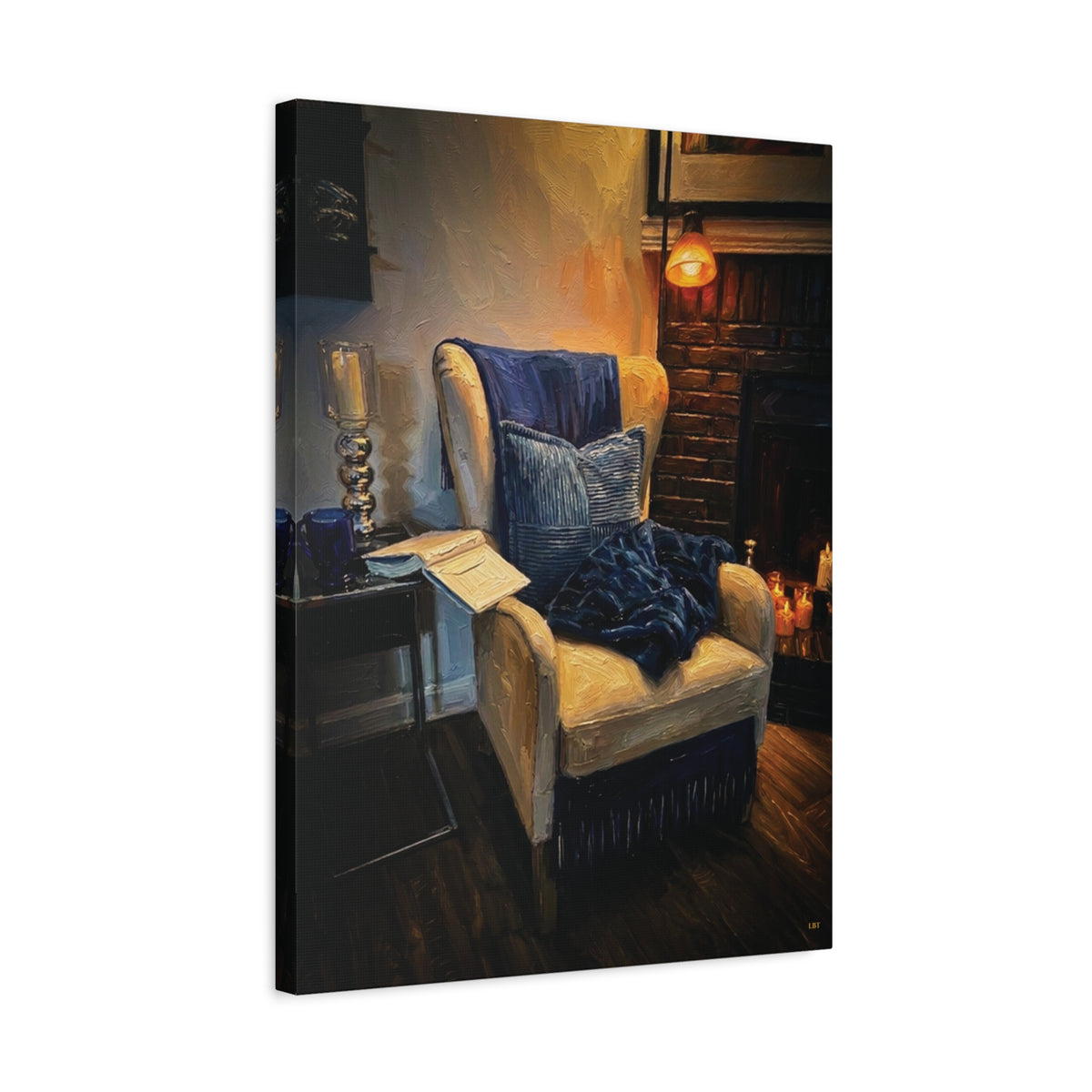 Fireside Retreat – Cozy Reading Nook Stretched Canvas Wall Art