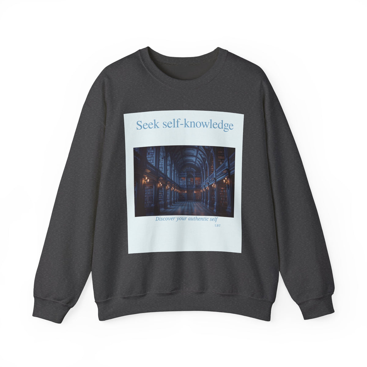 Crewneck Sweatshirt — "Seek Self-Knowledge" Library Photo Graphic