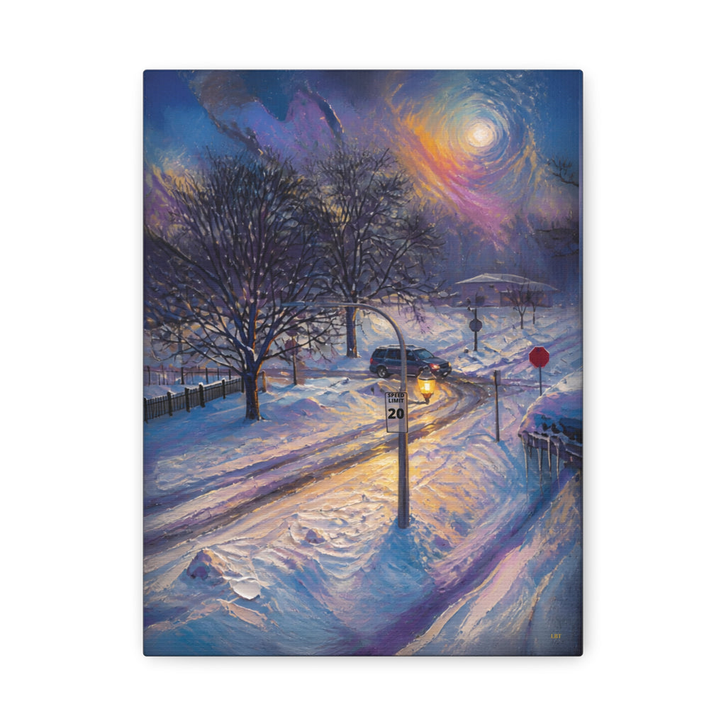 Moonlit Crossing – Snowy Street Stretched Canvas Wall Art