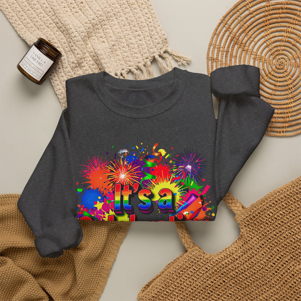 Celebration Crewneck Sweatshirt — "It's a Celebration" Colorful Party Graphic