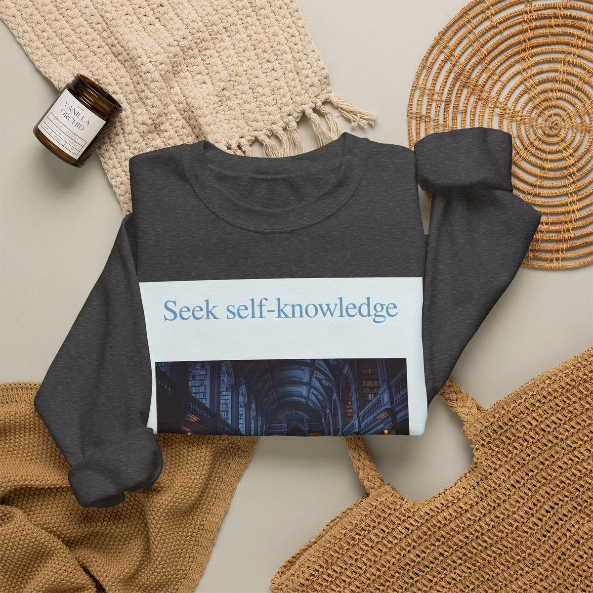 Crewneck Sweatshirt — "Seek Self-Knowledge" Library Photo Graphic
