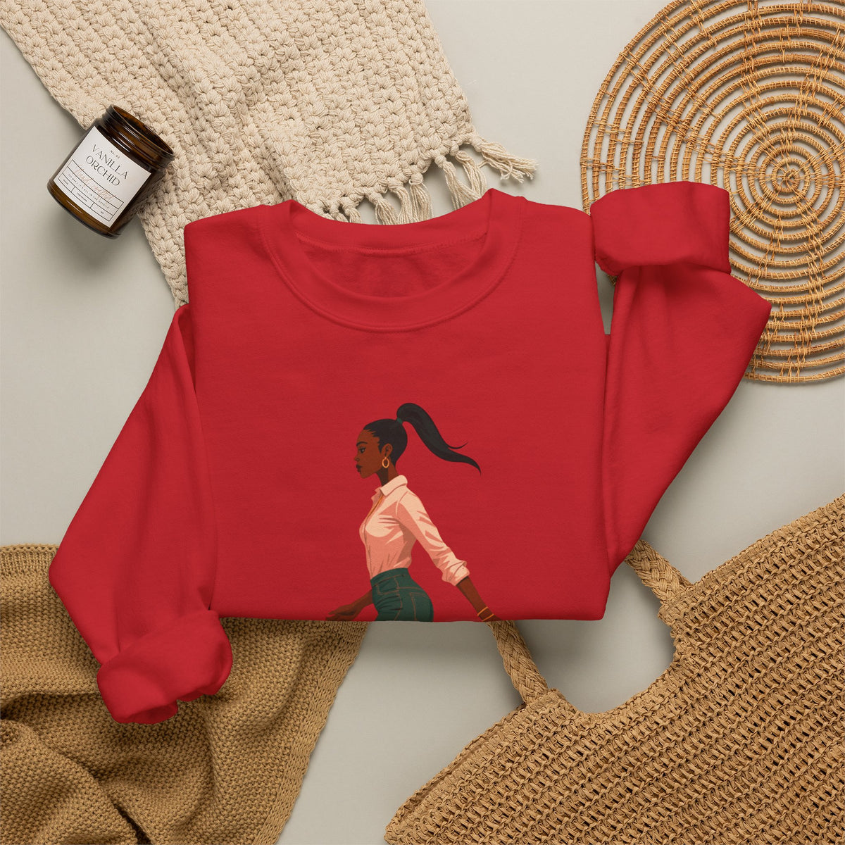 Crewneck Sweatshirt — Chic Walking Woman Graphic, Casual Everyday Pullover