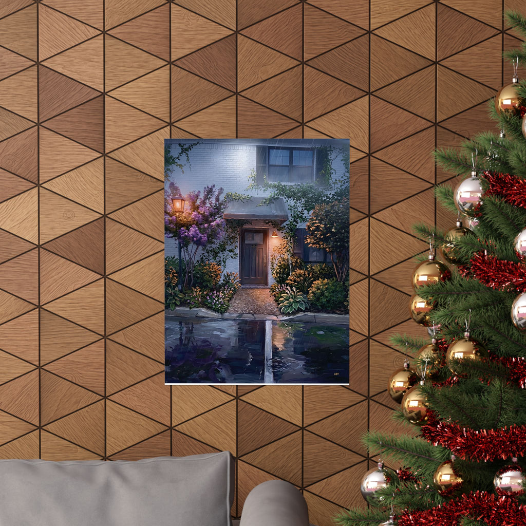 Lantern in the Rain – Misty House Wall Art Poster