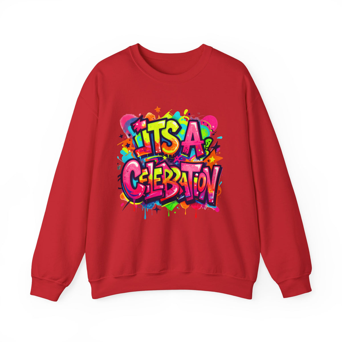 Crewneck Sweatshirt — Colorful "It's A Celebration" Graffiti Design