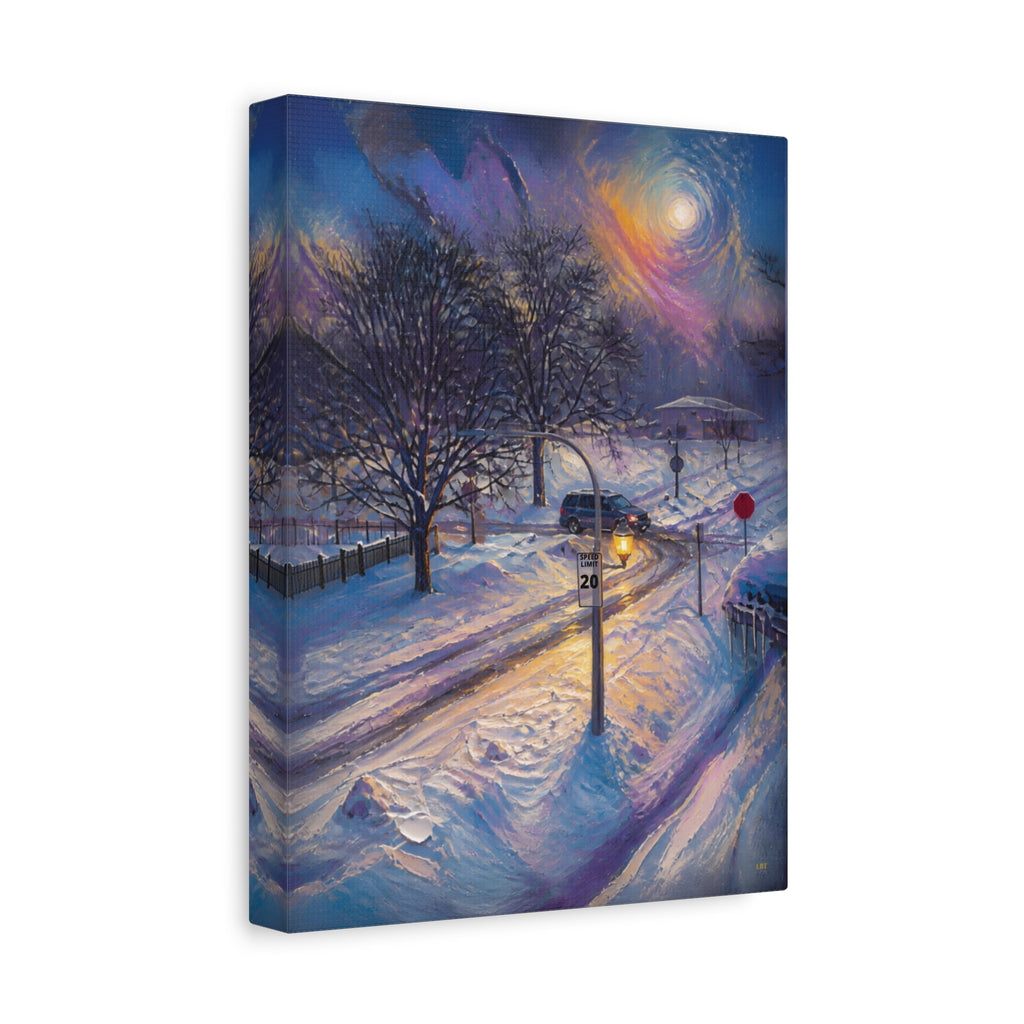 Moonlit Crossing – Snowy Street Stretched Canvas Wall Art