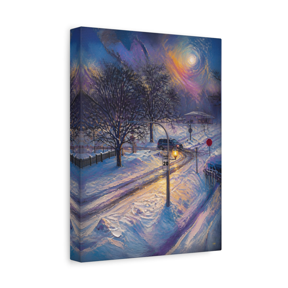 Moonlit Crossing – Snowy Street Stretched Canvas Wall Art