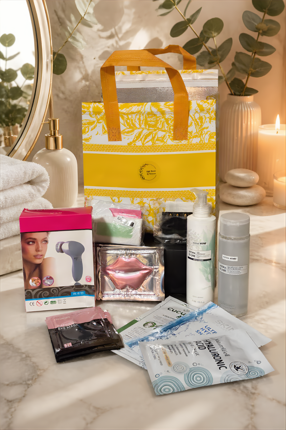 A curated collection of beauty and wellness products arranged on a marble surface in front of a yellow and white patterned gift bag. Visible items include skincare packets, a boxed device, a lip-shaped cosmetic item, bottles, and a gray jar, with candles, folded towels, and greenery in the background.