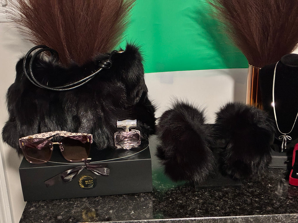 real fur handbag and wrist cuffs lab created diamond earrings non-tarnishing silver necklace sunglasses and perfume