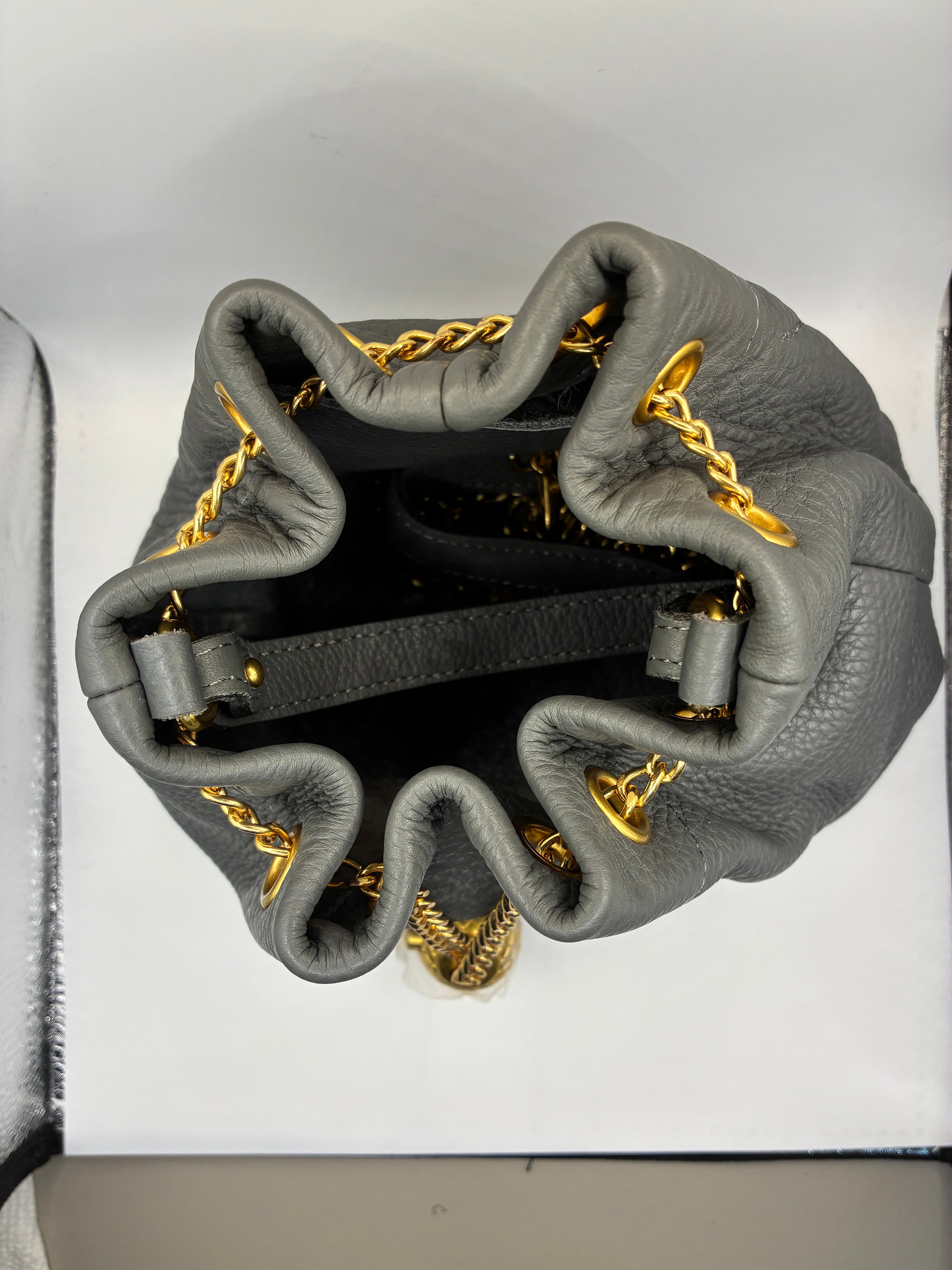 Small brown leather bucket handbag